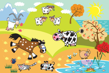 cartoon domestic animals:sheep,cow,goat,horse,pig, dog and cat in the countryside landscape. Children illustration vector