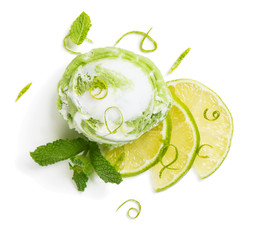  Lime ice cream with fruits, above view