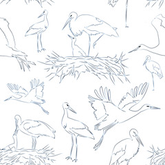 White storks seamless pattern.