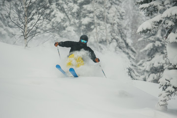 Extreme downhill skier on the snow in forest.