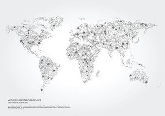 Vector world map illustration with points and lines.