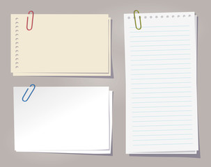 Different sheets of note papers and color paper clips.