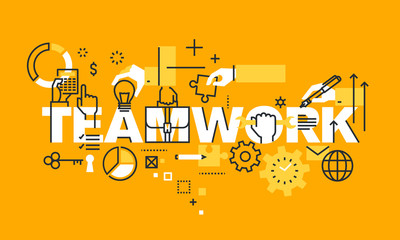 Thin line flat design banner for TEAMWORK web page, management information, about us information, our team, business procedures, projects. Vector illustration concept for website banners. © PureSolution