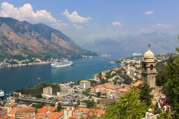 Fototapeta na wymiar view at Church of Our Lady of Health and at the bay of Kotor, Montenegro