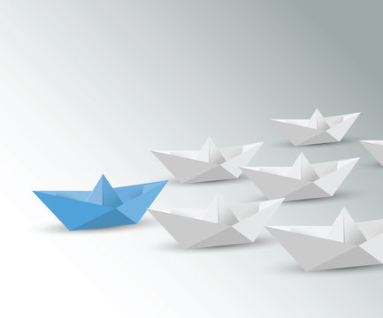 Leadership concept with blue vector paper ship.
