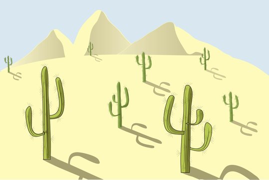 The landscape of the desert. Yellow sand, dunes, green cacti, blue sky, shadow, sunny day, design element, background, vector