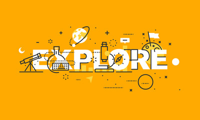 Thin line flat design banner for EXPLORE web page, natural and technical sciences, new technologies,. medical and space research Vector illustration concept for website and mobile website banners.