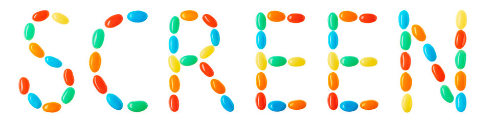Screen lettering made of multicolored candies