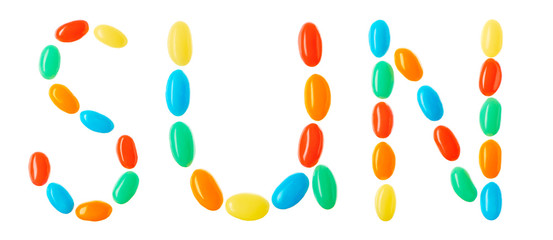 Sun lettering made of multicolored candies