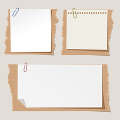 Set of different vector note papers with paper clips on torn cartboard.