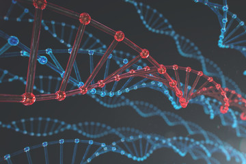 Digital illustration of several blue and one red glassy DNA chains