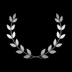 Silver laurel wreath icon. Symbol award, trophy, victory, winner, prize. Branch olive sign. Design element for decoration medal, coat of arms logo. Leaf silhouette black background Vector illustration