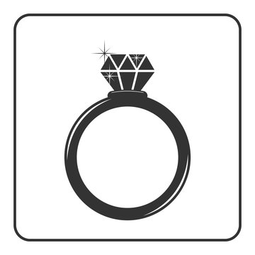 Diamond engagement ring icon. Shiny sparkle crystal sign. Black circle silhouette isolated on white background Flat fashion design element. Symbol engagement, gift, jewel expensive Vector Illustration