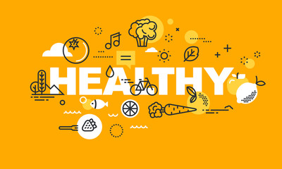 Thin line flat design banner for HEALTHY web page, organic food, sport and activities, diet, relationship, health plan management. Vector illustration concept for website and mobile website banners. - obrazy, fototapety, plakaty