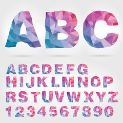 Vector polygon colorful alphabet with letters and numbers.