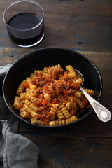 pasta in dark bowl