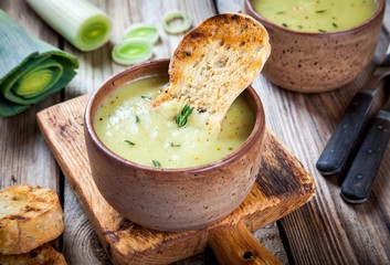 homemade cream of leek soup with croutons