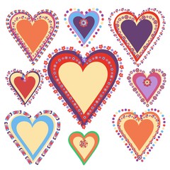 Vector set of nine hand drawn hearts. Colorful vector hearts for love, wedding cards and design elements