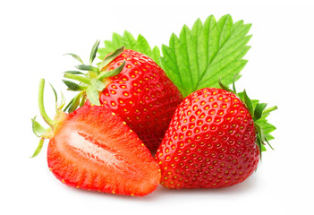 Ripe strawberries with leaves isolated on a white