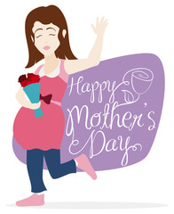 Smiling Pregnant Woman with Bouquet Celebrating Mother's Day, Vector Illustration