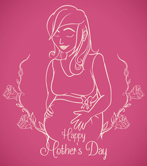 Pregnant Woman in Outline Design for Mother's Day Card, Vector Illustration