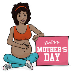 Fitness Pregnant Woman with a Pink Sign for Mother's Day, Vector Illustration