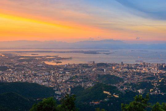 Sunset aerial view of Rio de Janeiro. Brazil