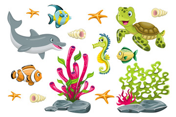 Set of cartoon marine animals © GabiWolf