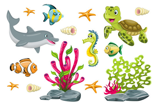 Set of cartoon marine animals