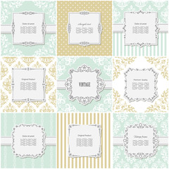 Elegant frame on pattern set in golden and blue trendy colors. Templates for wedding or scrapbook design.