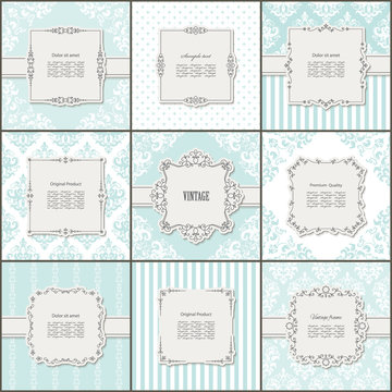 Elegant frame on pattern set in blue and beige. Templates for wedding or scrapbook design.