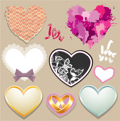 Set of paper, lace, metall hearts. Elements for Valentine`s Day