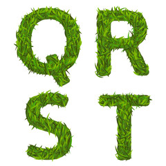letter Q, R, S, T green grass vector font set