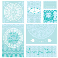 Set of wedding invitations and announcements with vintage backgr