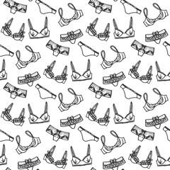 Lingerie seamless pattern. Vector underwear background design. Outline hand drawn illustration. Bras and panties doodle. 
