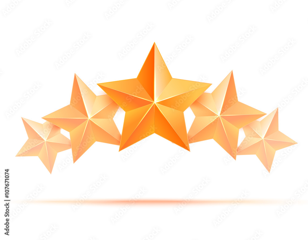 Wall mural Realistic 3D gold star. Award winner. Five gold stars. Good job. Best reward. bulk copper star. Simple 5 star on a white background. The award for the best choice. Premium class. illustration