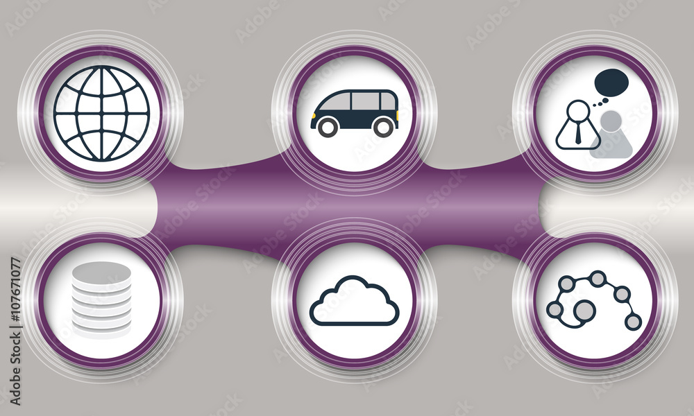Poster dark purple circular object and six different icons