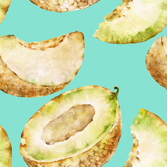 Seamless pattern with melon. Watercolor illustration.