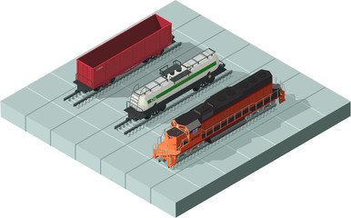 Vector isometric illustration of a rail way trains set consisting of locomotive, platforms for transportation of containers, covered wagon cistern, and rail cars for bulk cargoes.