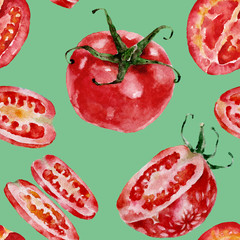 Seamless pattern with tomatoes. Watercolor 
illustration.