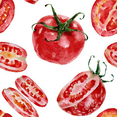 Seamless pattern with tomatoes. Watercolor 
illustration.