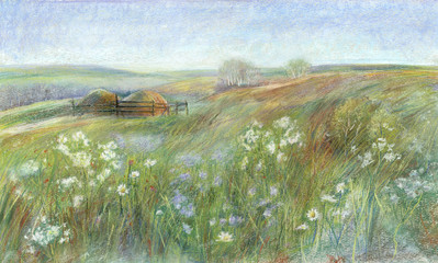 Oil pastel painting. Landscape with green meadows and wildflowers. - 107673248