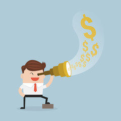 Businessman using telescope see money