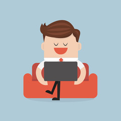 Businessman with computer notebook on the sofa. flat design. vec