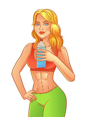 Athletic girl vector. Slender girl drinks water. The girl from the gym. Fitness girl. The girl in sportswear