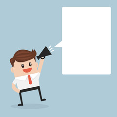 Businessman holding megaphone with speech bubble.