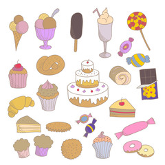 Collection of colorful hand drawn sketched linear sweets: muffins, cakes, ice cream, candies, donuts