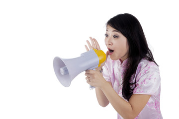 Woman congratulate Chinese new year in studio