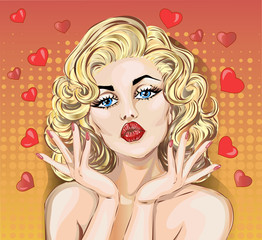 Valentine Day Pin-up sexy woman portrait with air kiss and hearts. - 107678297