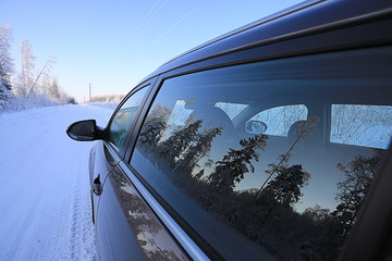 Car winter road snow forest tour